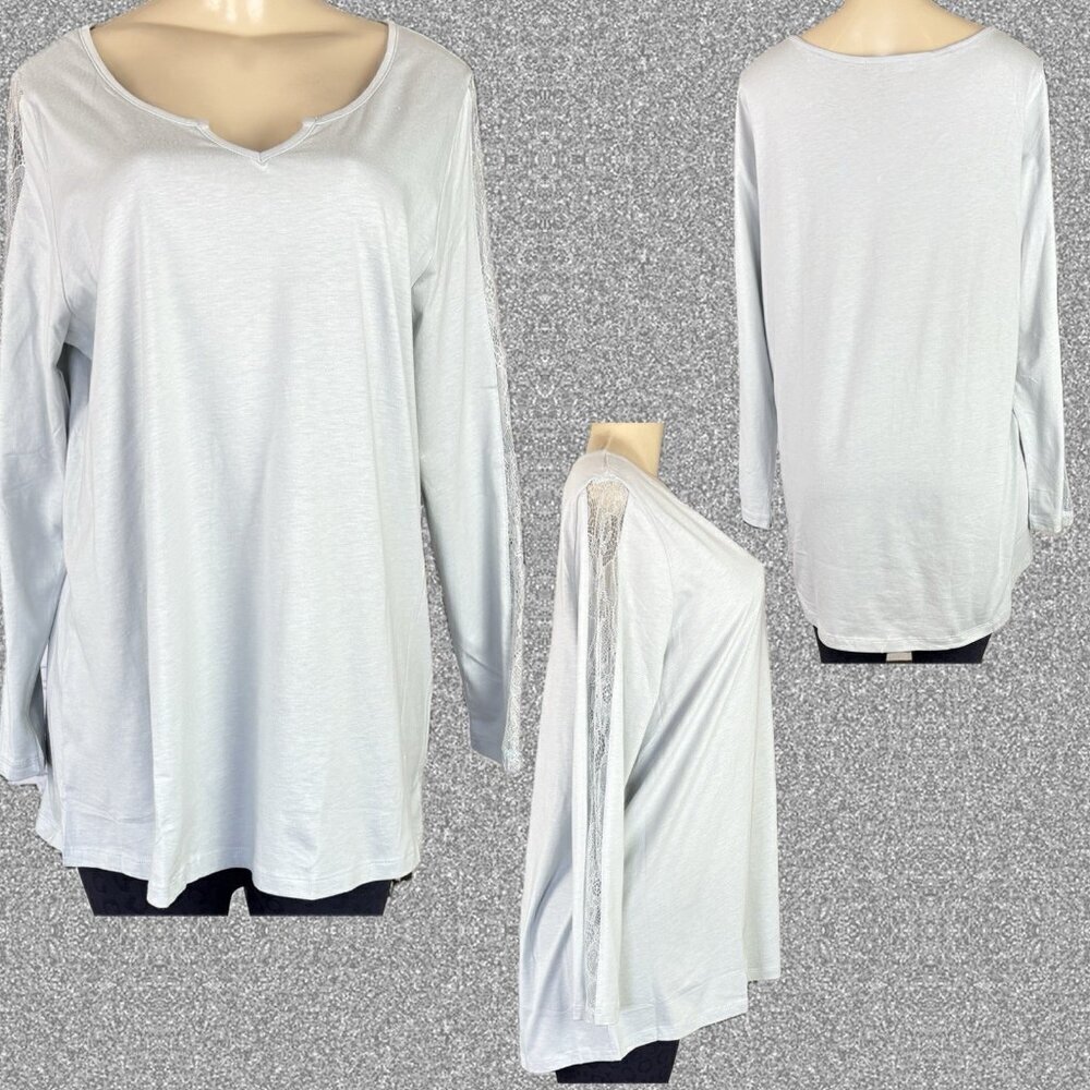 Ellos L -14/16 Light Gray Split Neckline Cotton Blend Lace Inlay Long Sleeve Tee